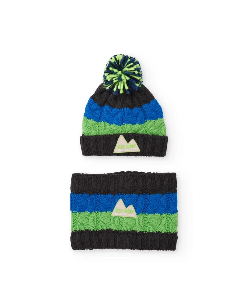 Conjunto gorro y cuello polar niño Tuc Tuc con pompón y rayas verde azul y negro ropa niño tuc tuc
