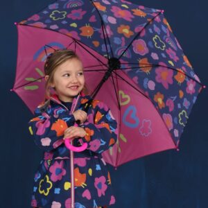 Paraguas infantil niña estampado floral corazones azul marino fucsia apertura automática mango ergonómico puntas redondeadas