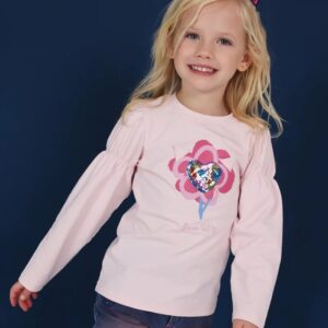 Camiseta niña manga larga abullonada rosa Tuc Tuc estampado flor corazón lentejuelas reversibles Flower Cat orejas 3D