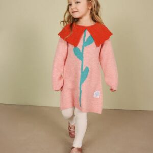 Vestido de punto tricot niña rosa melange cuello babero grande naranja teja flor turquesa intarsia Tuc Tuc