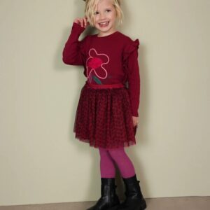 Falda de tul para niña color burdeos con estampado animal print leopardo cintura elástica con volante forro interior look con camiseta a juego
