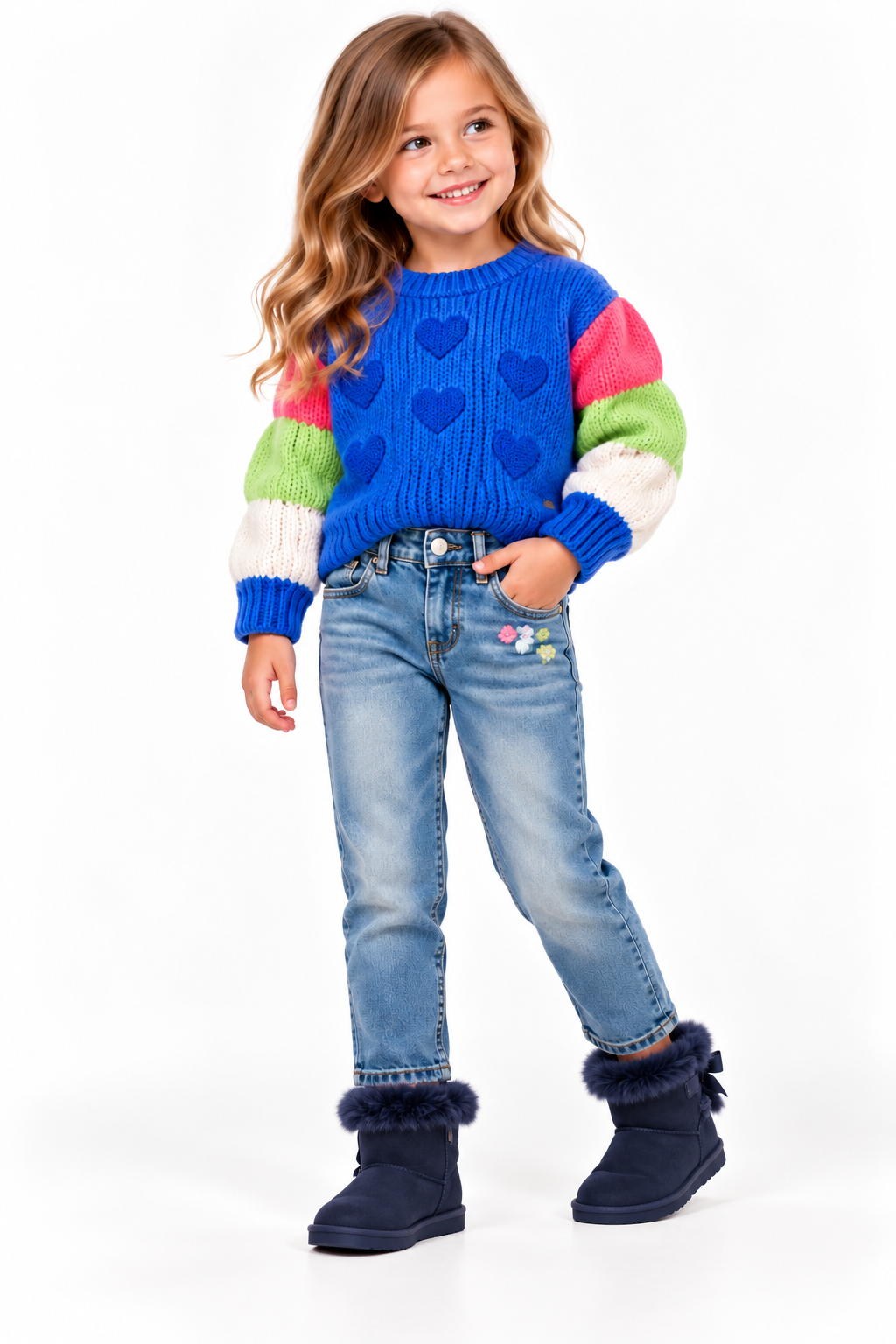 Niña vistiendo jersey de punto azul con corazones y mangas de colores