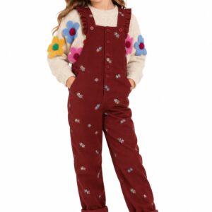 Peto para niña color burdeos con flores bordadas y volantes en los tirantes Tuc Tuc