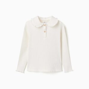Camiseta manga larga niña blanca roto crema mezcla algodón elastano diseño acanalado cuello Peter Pan volantes media tapeta botones madera mangas extremos ondulados Oeko-Tex Standard 100 Zippy COLLECTION Ref 31081055041