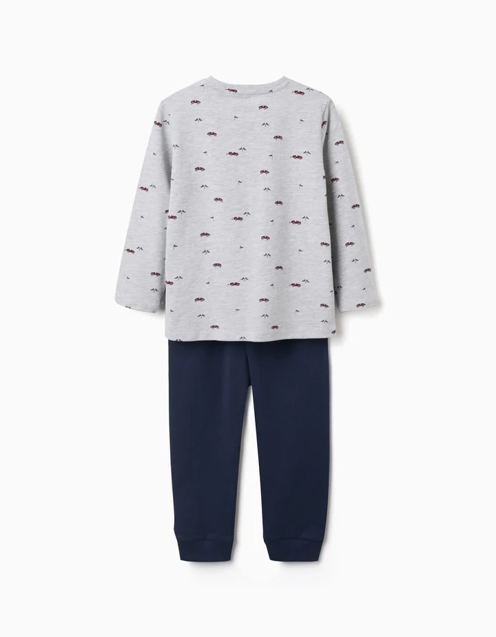 Pijama niño coches carreras gris claro melange camiseta manga larga estampado coches rojos banderas negras grises cuello acanalado perrito Ziggy relieve marrón pantalón azul oscuro marino cintura elástica dobladillos acanalados mezcla algodón etiquetas estampadas Ref 31081096020, zippy