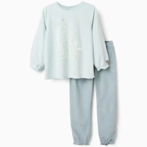 Pijama niña terciopelo suave azul claro menta azul grisáceo jersey manga larga estampado unicornio brilla oscuridad blanco dorado puños cintura volantes elásticos pantalón estrellas lunas planetas plateado cintura elástica dobladillos volantes elásticos perrito Ziggy relieve marrón Ref 31082262022