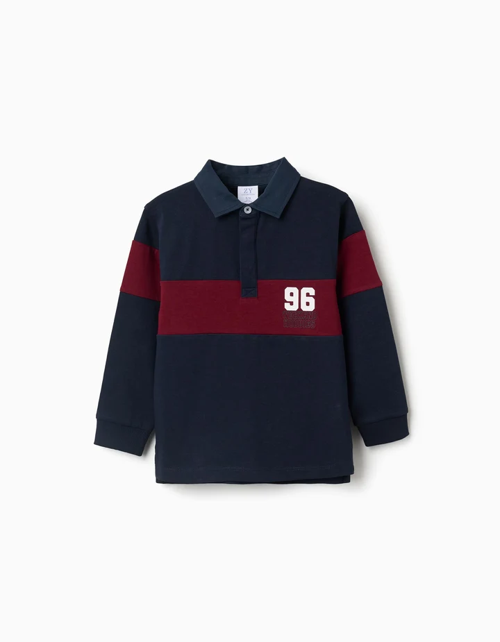 Polo rugby niño azul marino raya roja burdeos 100% algodón estampado 96 WEEKEND HOBBIES cuello clásico botones media tapeta puños acanalados dobladillo asimétrico aberturas laterales ZY COLLECTION Ref 31082403015