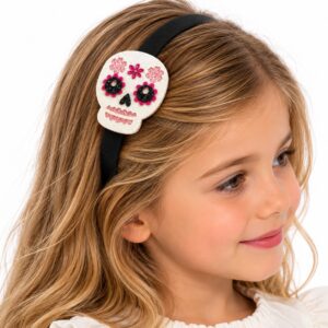 Diadema para niña de Halloween con calavera blanca de glitter y flores rosas.