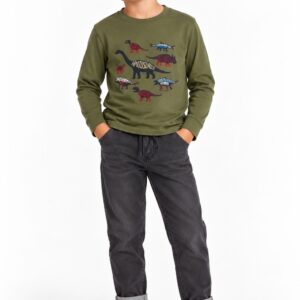 Camiseta niño manga larga verde oliva estampado dinosaurios nombres Apatosaurus T-Rex tejido algodón botones presión hombro ropa niño tuc tuc