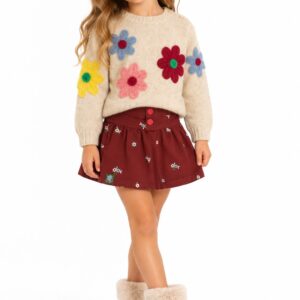 Falda para niña color burdeos con flores bordadas y dos botones Tuc Tuc