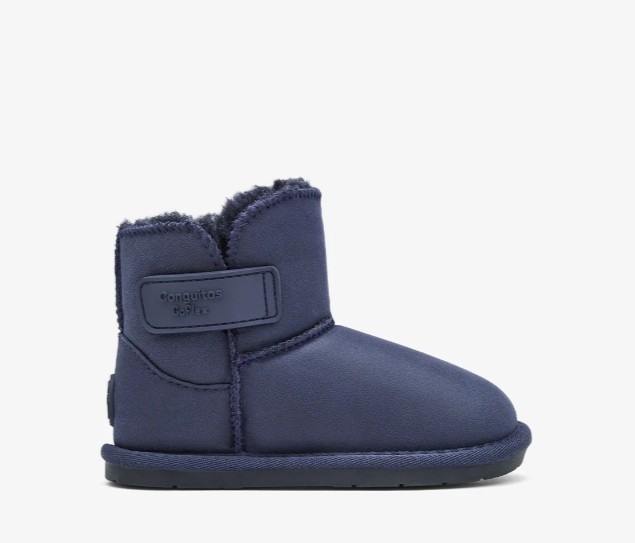 Botas australianas barefoot bebé niño niña azul marino claro piel sintética efecto ante forro pelo sintético azul oscuro suela TPR flexible zero drop puntera ancha cierre tira adherente velcro Conguitos GoFlex otoño invierno