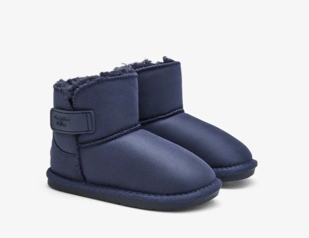 Botas australianas barefoot bebé niño niña azul marino claro piel sintética efecto ante forro pelo sintético azul oscuro suela TPR flexible zero drop puntera ancha cierre tira adherente velcro Conguitos GoFlex otoño invierno