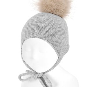 Gorro mezcla merino con orejeras y borla de pelo ALUMINIO