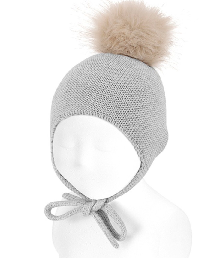 Gorro mezcla merino con orejeras y borla de pelo ALUMINIO