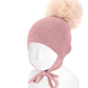 Gorro mezcla merino con orejeras y borla de pelo ROSA LAVANDA