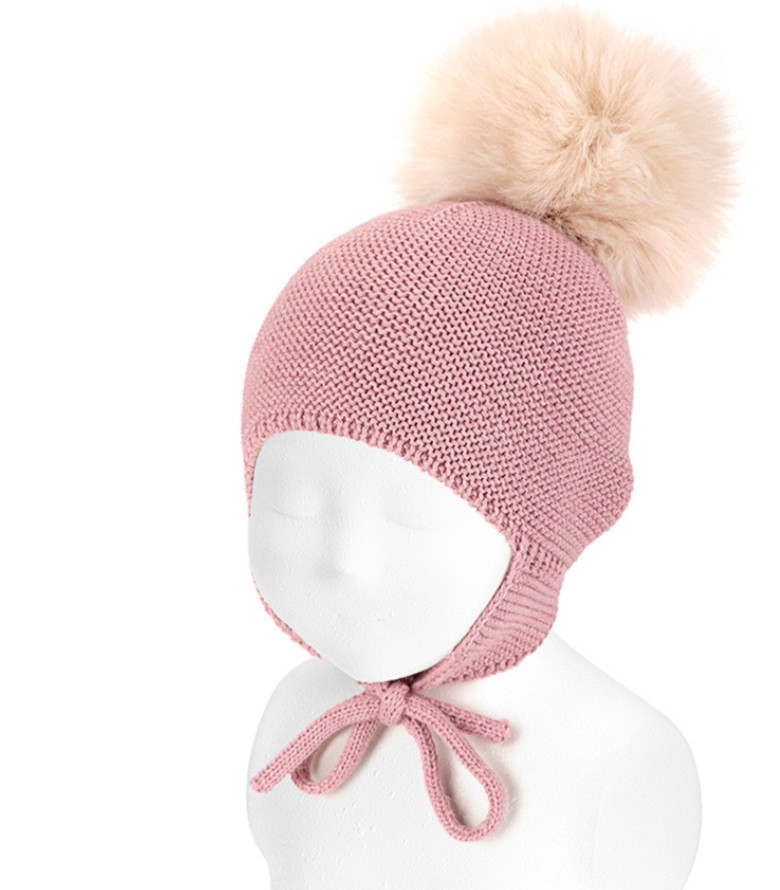 Gorro mezcla merino con orejeras y borla de pelo ROSA LAVANDA