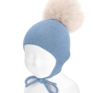Gorro mezcla merino con orejeras y borla de pelo AZUL AIRE