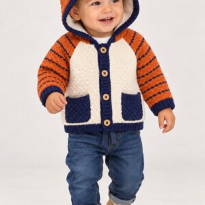 Chaqueta de punto para bebé con capucha de zorro naranja, crema y azul de Tuc Tuc.