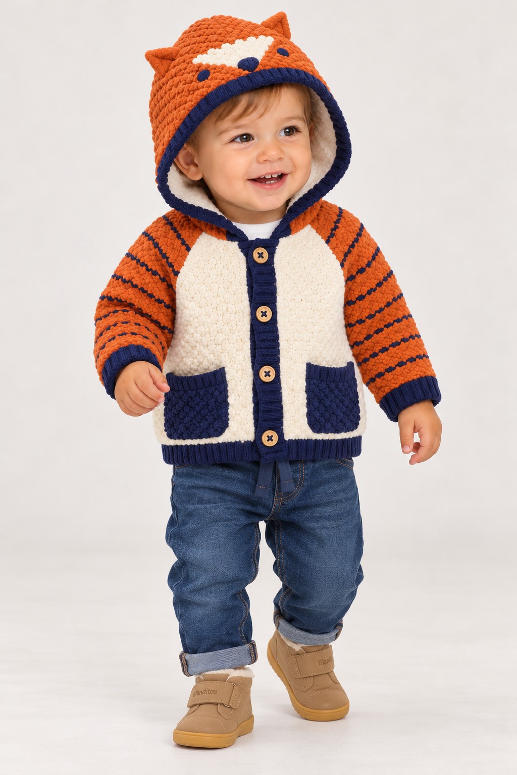 Chaqueta de punto para bebé con capucha de zorro naranja, crema y azul de Tuc Tuc.
