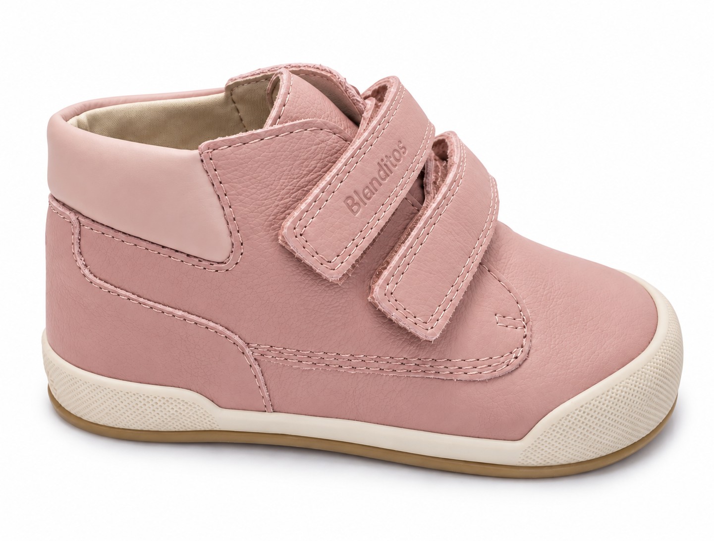 Deportiva barefoot bebé niño niña alta beige arena piel doble velcro Blanditos puntera ancha reforzada suela ultraflexible goma marrón claro zero drop antideslizante Crio's Hecho en España primeros pasos