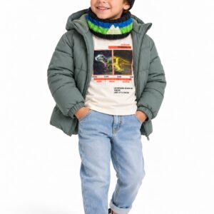 Conjunto gorro y cuello polar niño Tuc Tuc con pompón y rayas verde azul y negro ropa niño tuc tuc