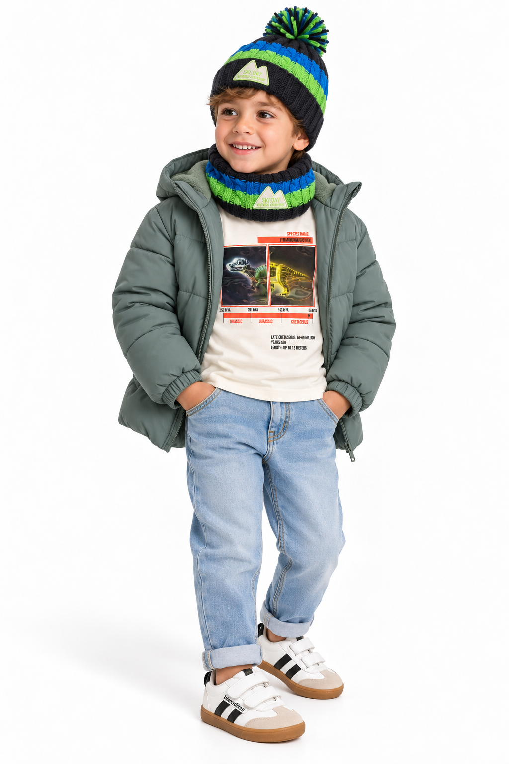 Conjunto gorro y cuello polar niño Tuc Tuc con pompón y rayas verde azul y negro ropa niño tuc tuc