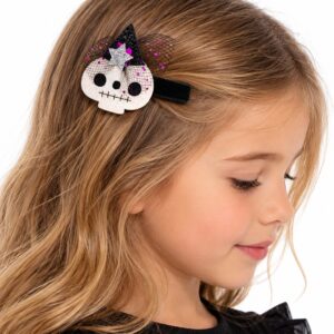 Pack 2 pinzas pelo niña Halloween con calabaza naranja y calavera blanca de glitter