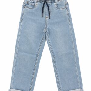 Vaqueros niño slim fit denim lavado claro cintura elástica fruncida cordón ajustable azul marino bolsillos delanteros traseros bragueta simulada dobladillo enrollado