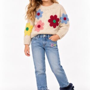 Jersey de punto para niña color crudo con flores grandes bordadas de colores Tuc Tuc